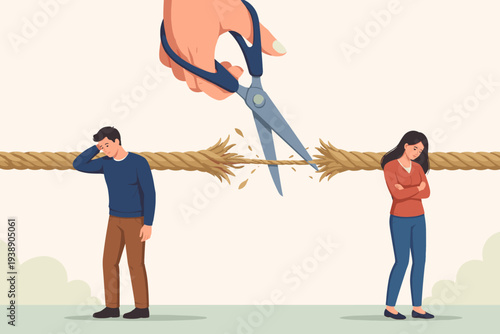 Divorced couple separation and broken marriage concept with giant hand using scissors to cut the rope connecting a sad man and woman, end of relationship, breakup and family conflict vector.
