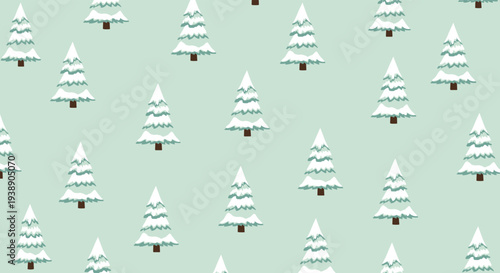 Winter-themed seamless pattern featuring rows of green pine trees covered with white snow on a pale sage green background.
