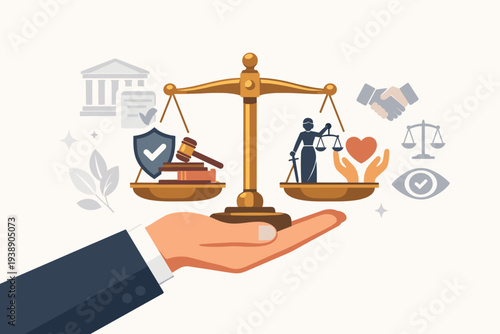 Businessman Hand Holding Scales of Justice Representing Corporate Governance, Regulation, Integrity, and Ethical Fairness with Icons of Law, Compliance, and Moral Values in Flat Vector Style