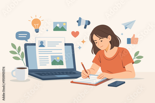 Creative woman content writer or blogger writing an article in a notebook next to a laptop with digital marketing icons like megaphone, heart, and lightbulb for storytelling and social media strategy.