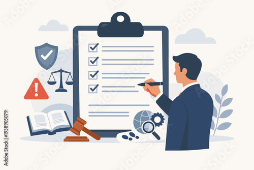 Businessman checking code of conduct and ethical policy on clipboard. Legal rules, regulations, and principles for work responsibility, compliance, audit, and corporate governance vector art.