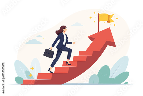 Ambitious businesswoman climbing a red arrow staircase to reach a yellow flag, symbolizing career growth, professional development, success, leadership, and motivation to achieve business goals.
