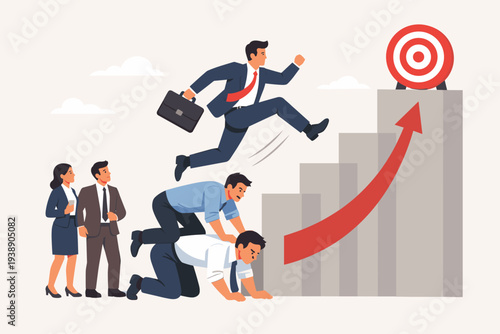 Ambitious businessman jumping over colleagues to reach a target goal on a staircase, representing career competition, job promotion, unfair advantage, and selfish corporate ladder climbing.