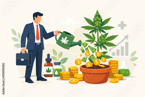Businessman investing in legal cannabis industry, watering marijuana plant with money to show financial growth in medical CBD oil production, herbal medicine market success, and green economy.