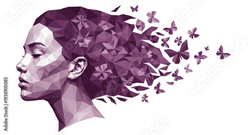 Woman's face with purple hair and butterflies emerging symbolizing freedom and happiness
