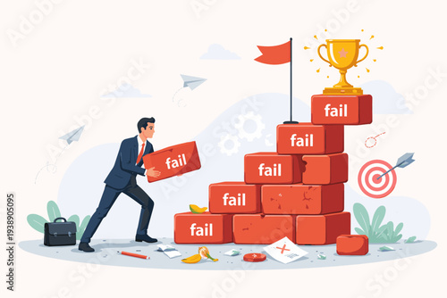 Businessman Building Stairs from Failure Bricks to Reach a Golden Trophy, Concept of Success Through Perseverance, Overcoming Challenges, Learning from Mistakes, and Achieving Business Goals.