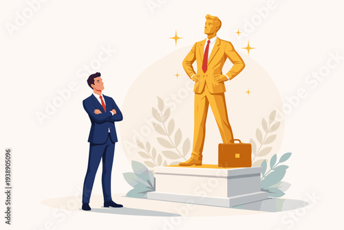 Businessman Looking at a Golden Statue of Himself on a Pedestal Representing Ego, Self Importance, Overconfidence, Narcissism, and Success in Career Leadership and Professional Achievement