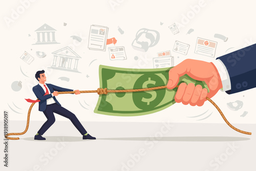 Businessman in Suit Playing Tug of War with a Giant Hand over a Large Dollar Bill, Representing Financial Struggle, Government Tax Demands, Corporate Revenue Competition, Debt, and Economic Pressure.