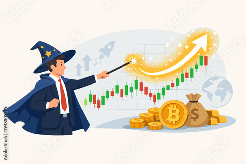 Professional Stock Market Wizard Trader Using Magic Wand for Financial Success, Predicting Bitcoin and Crypto Growth on Candlestick Chart with Gold Coins, Money Bag, and Investment Expertise.