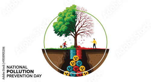 Powerful illustration for National Pollution Prevention Day showing a split tree, half green and healthy, half dry and dying over radioactive waste.