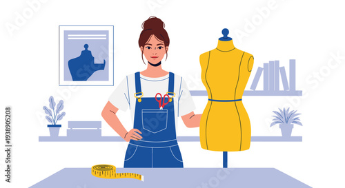 Professional female tailor or fashion designer standing in her studio next to a yellow mannequin, surrounded by sewing tools and plants.