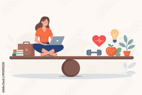 Work Life Balance Illustration with a Woman Sitting on a Seesaw Balancing Professional Career Tasks like Laptop and Books against Personal Health, Fitness, Nutrition, and Mental Well-being.