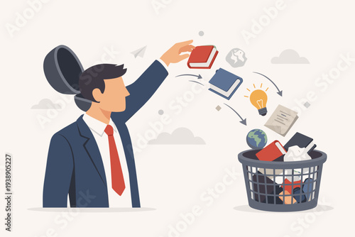 Vector illustration of a businessman throwing books and ideas from his open head into a trash bin, representing the concept of unlearning, forgetting, and clearing mental space for new knowledge.