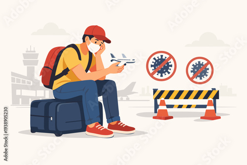 Sad Traveler Wearing Face Mask Sitting on Luggage at Airport Terminal with Flight Cancellation and Travel Ban during Coronavirus COVID-19 Pandemic Crisis, Trip Cancelled and Lockdown Concept