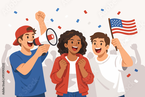 Diverse Group of Happy Young People Celebrating US Presidential Election Results with American Flag and Megaphone at a Political Rally, Vector Illustration of Patriotic Voters and Democracy
