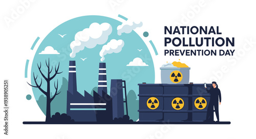 Industrial scene for National Pollution Prevention Day featuring a factory with smoking chimneys and stacks of radioactive waste barrels.
