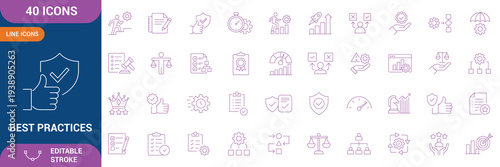 Best Practices Icon Set. Containing workflow, guidelines, performance, standards, protocols, procedures, methodology, quality control, compliance and etc. line Icon. Editable stroke.