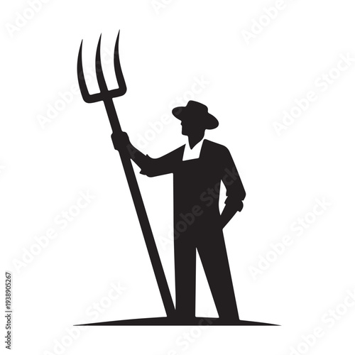 Farmer with Pitchfork Silhouette Vector Rustic Agriculture Worker Illustration Concept