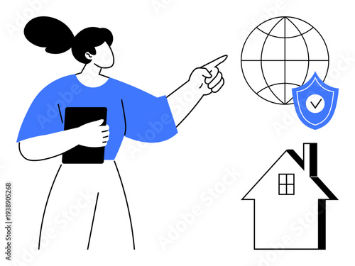 Cybersecurity, global communication, internet safety, online services, home network, data protection. Woman pointing at a globe and shield near a house. Cybersecurity and global communication concept