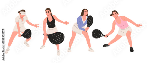 Flat vector illustration set of women playing padel or paddle tennis in different poses. Perfect for sports design, fitness content, padel club promotion, training materials, and active lifestyle