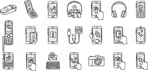 Hand-Drawn Icons of Mobile Phones, Gadgets, and Digital Technology for App Design and UI