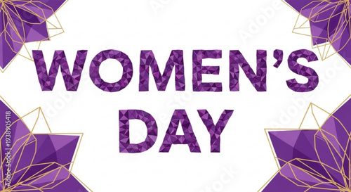 Women's day purple text with gold geometric shapes on white background