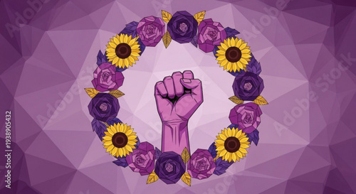 Empowerment symbol with raised fist and floral wreath on purple background