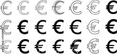 Euro Currency Symbol Variations: Vector Illustrations in Various Styles