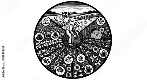 Farm life circular illustration. Farmer tending soil, crops, animals, and garden.