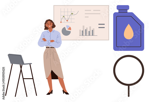 Business planning, oil production, industry analysis, market forecasting, professional growth, financial reports. Woman standing by charts and oil icon. Business planning and oil production concept