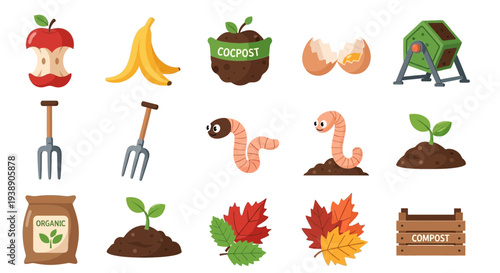 Illustrations of composting elements including scraps tools worms soil and finished product