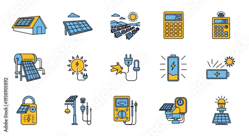 Solar energy icons illustrating various equipment like panels batteries and calculators