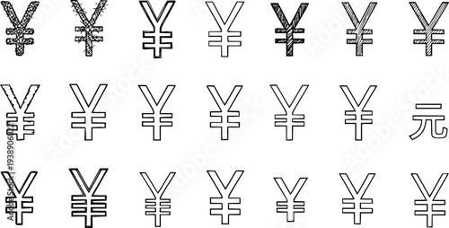 Hand-drawn collection of Yen and Yuan currency symbols, featuring diverse styles like textured, hatched, and outline designs, representing Japanese and Chinese money.
