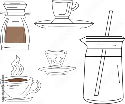 coffee making utensils and cups drawn in outline