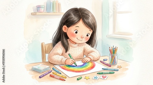 Young girl drawing a rainbow with crayons at a wooden table  