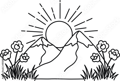 Colour book mountain landscape with sun and flowers printable art