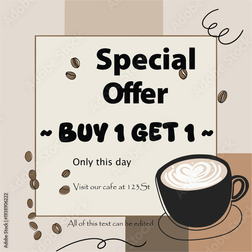 Template Special Offer - Buy 1 Get 1 Free Cafe for Social Media (Editable Text)