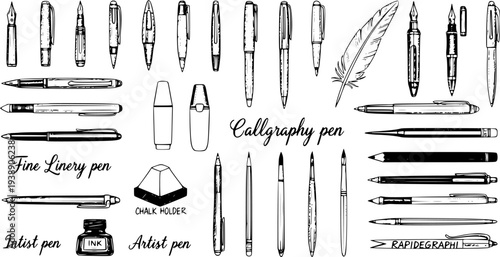 Hand-Drawn Collection of Vintage Writing  Drawing Instruments: Various Pens, Pencils, Quill, Ink, and Chalk Holder in Sketch Style on White Background