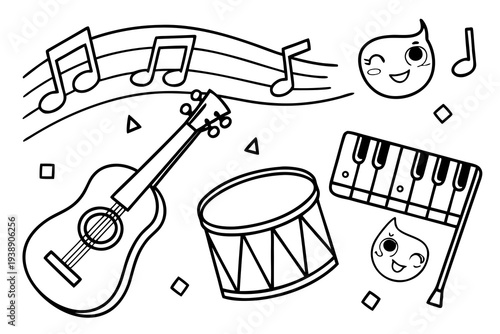 Musical Instruments Coloring Page for Kids - Guitar, Drums, Piano, Notes Line Art