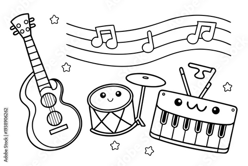 Musical Instruments Coloring Page for Kids - Guitar, Drums, Piano, Notes Line Art