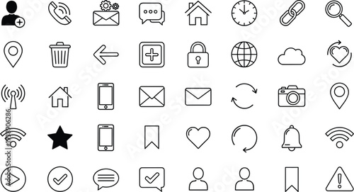 Modern user interface icon set, communication navigation media notification symbols collection, clean outline web app elements pack - flat vector illustration