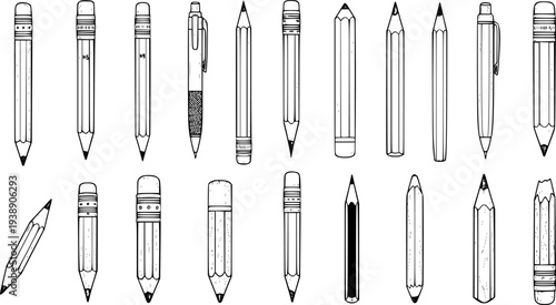 Hand-drawn Pencils and Pen Collection. Vector Line Art Illustration of Various Stationery Items for Drawing, Writing, and School Supplies.