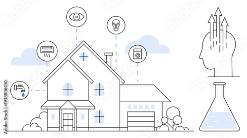 Smart home automation. Smart home connected devices enhancing household efficiency and energy management. Smart home improving technology-driven sustainability and convenience. Ideal for IoT, energy