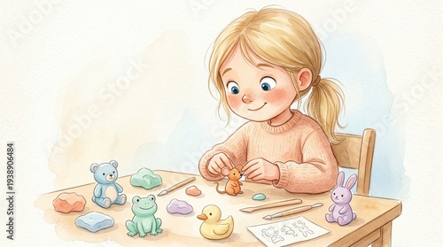 Young girl crafting colorful figures from modeling clay at table  