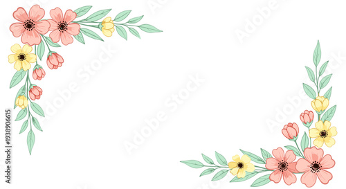 Watercolor floral corner decoration with pink flowers and green leaves.