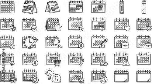Hand-drawn Calendar Icons Set with Various Date and Event Concepts, Including Planning, Business, Finance, and Reminders in Sketch Style