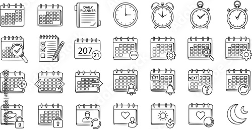 Calendar and Clock Icons Set: Daily Planner, Alarm, Schedule, Time Management, Event Planning, Business, and Weather Icons