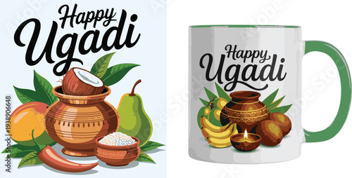 happy ugadi festival celebration with traditional fruits and ingredients on mug