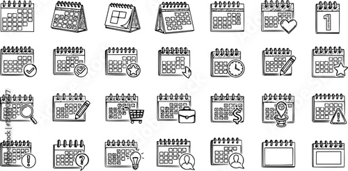 Hand-drawn Calendar Icons Set for Scheduling and Time Management, Doodle Sketch Symbols for Dates, Events, Planning, and Business Agendas