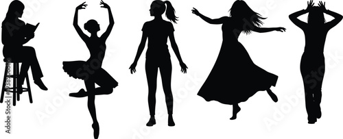 People silhouette vector illustration collection, reading, ballet pose, standing figure, dancing movement, expressive stance, human activity, posture, culture, art